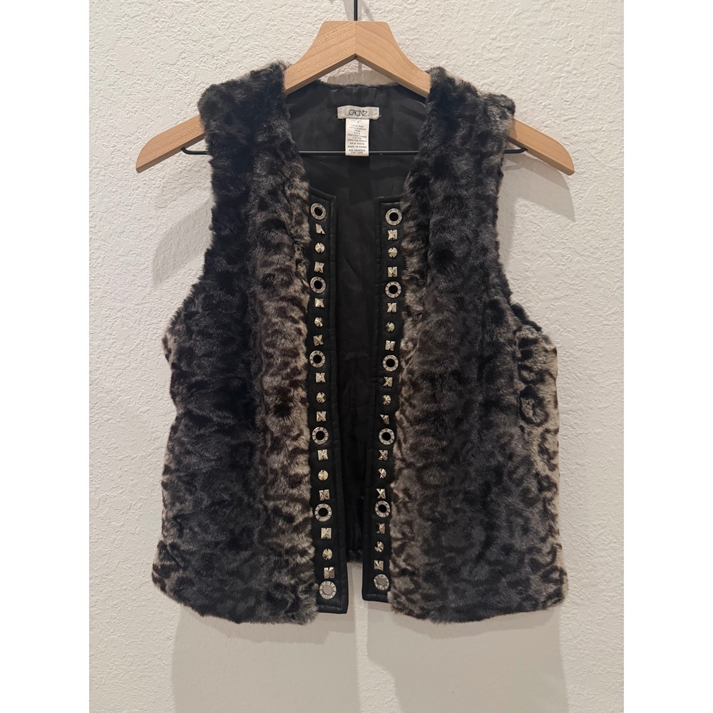 Vintage Cache Faux Fur Vest Small Leopard Print Studded Y2K Boho Mob Wife Glam